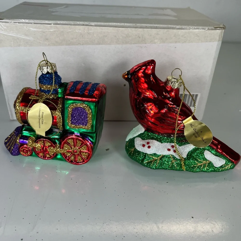 2 Danbury Mint Blown Glass Christmas Ornaments Train‎ And Cardinal